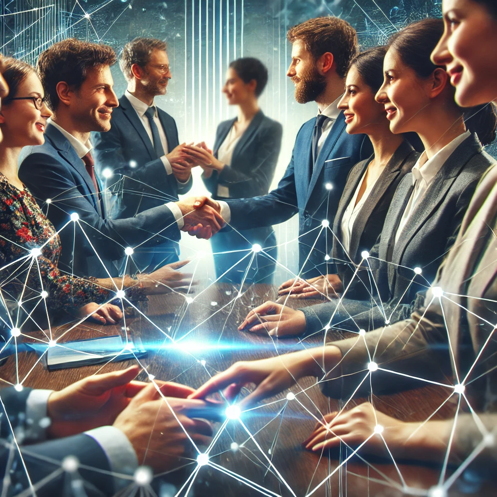 DALL·E 2024 09 24 00.10.34 A group of diverse professionals shaking hands and interacting with each other symbolizing strategic networking. The background includes digital line