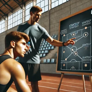 Blog 7 DALL·E 2025 02 23 22.04.29 A mental coach guiding an athlete in a sports stadium. The coach is pointing at a strategy board while the athlete listens attentively. The setting is