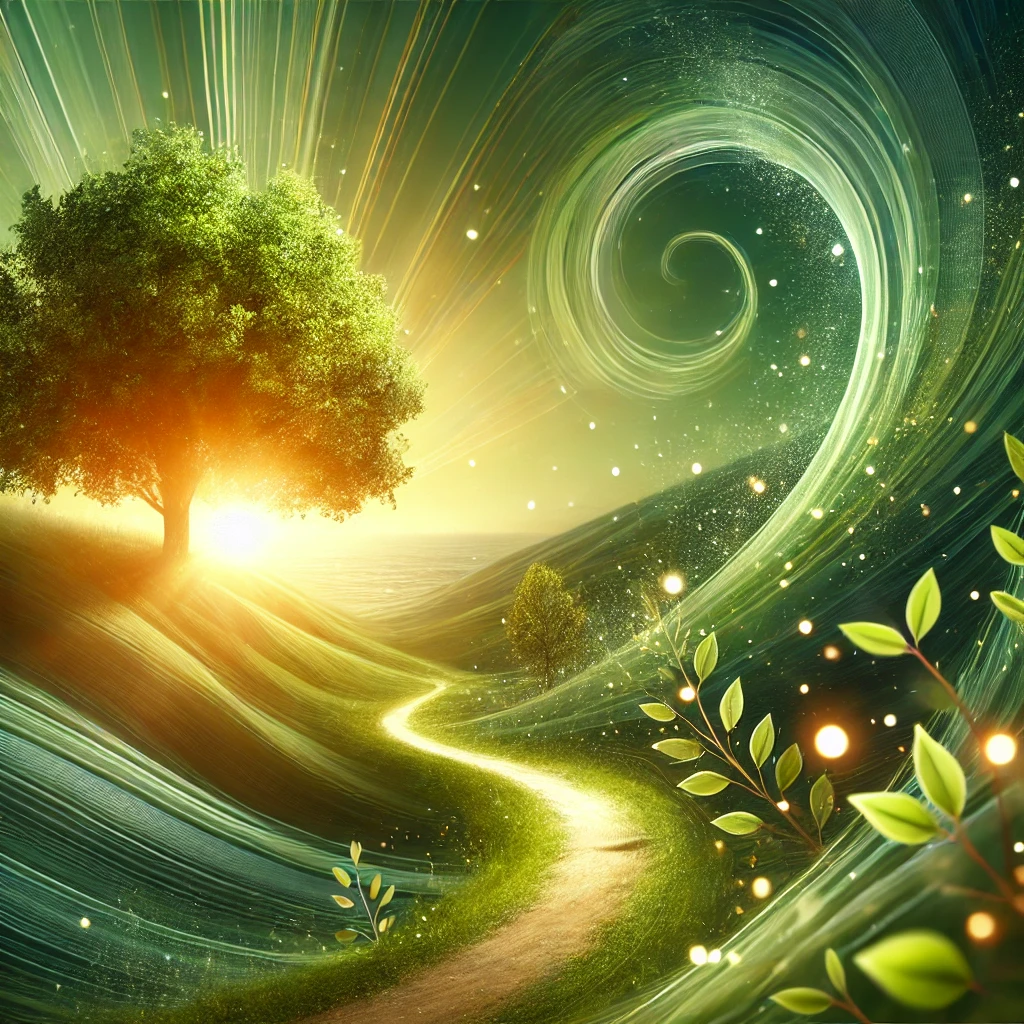 Albero rigoglioso con foglie verdi e sole nascente, simbolo di energia, nuova crescita e trasformazione personale. Sblocca