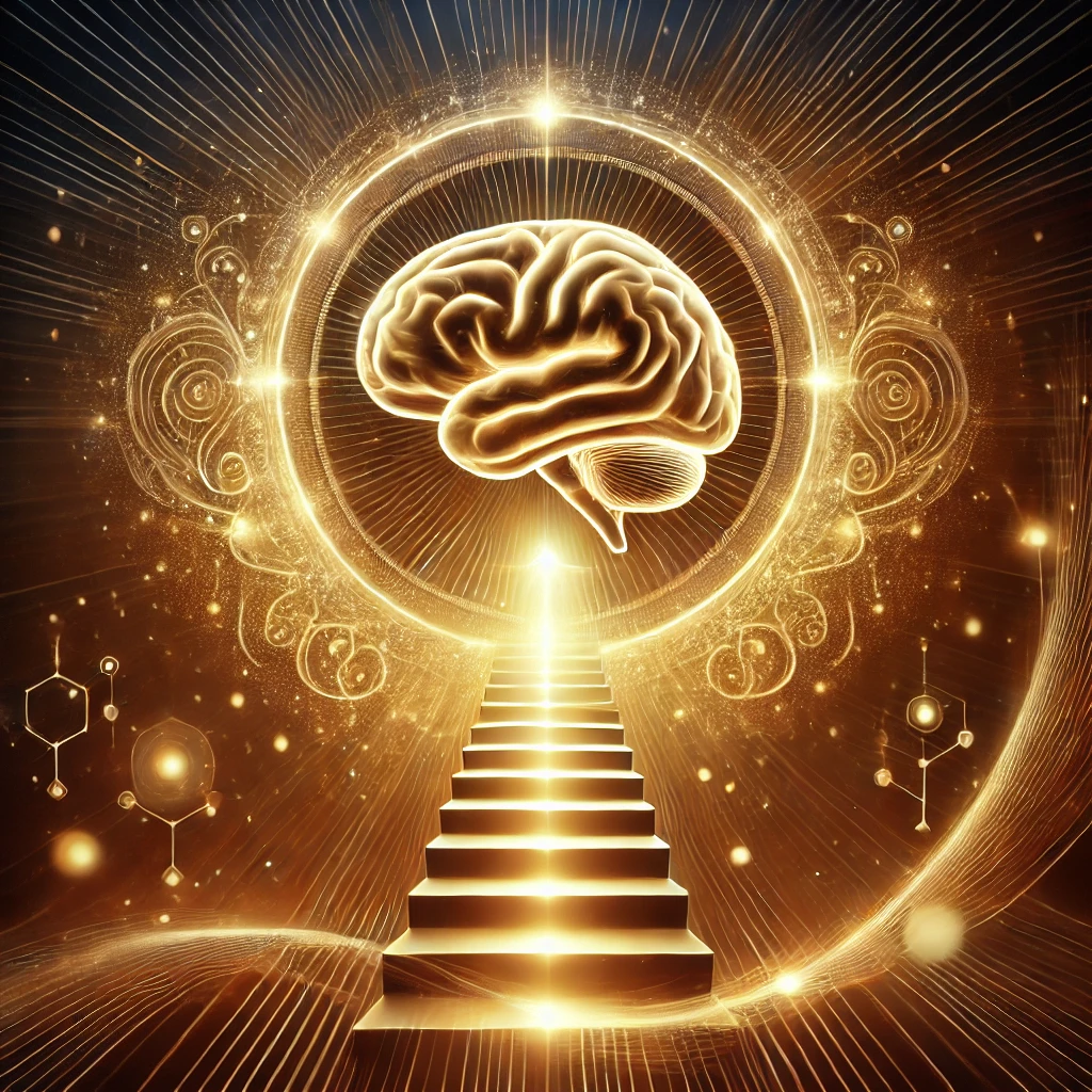 Cervello luminoso con scale dorate e raggi di luce, simbolo di eccellenza mentale, progresso e successo personale.