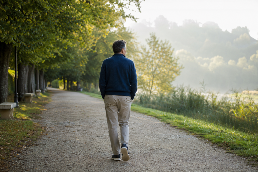 Persona che cammina lentamente in un parco per ripristinare attenzione e calma