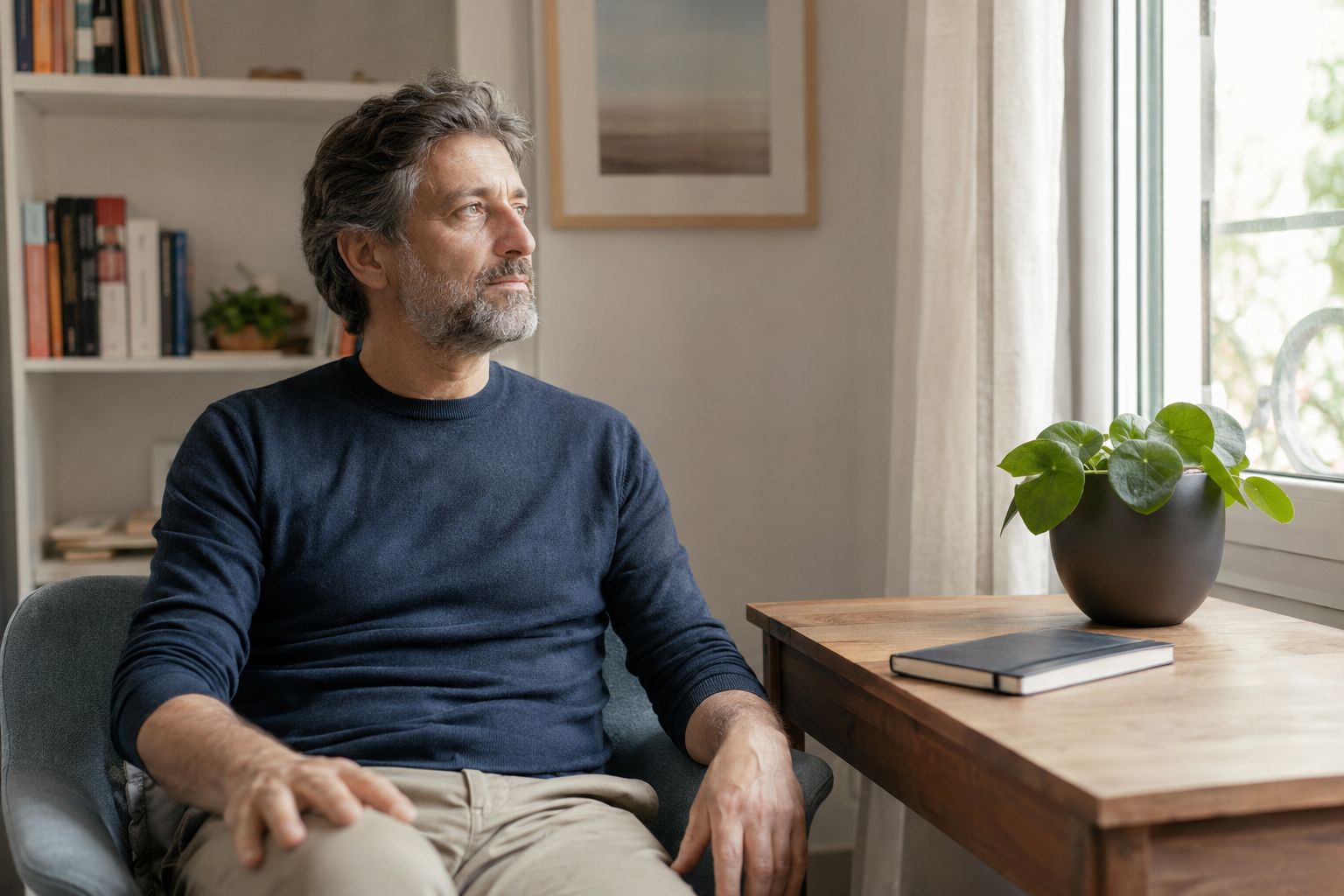Ansia e stress: come riconoscerli e gestirli con 5 strategie quotidiane 2 Persona seduta vicino a una finestra che osserva con calma i propri pensieri Ansia e stress
