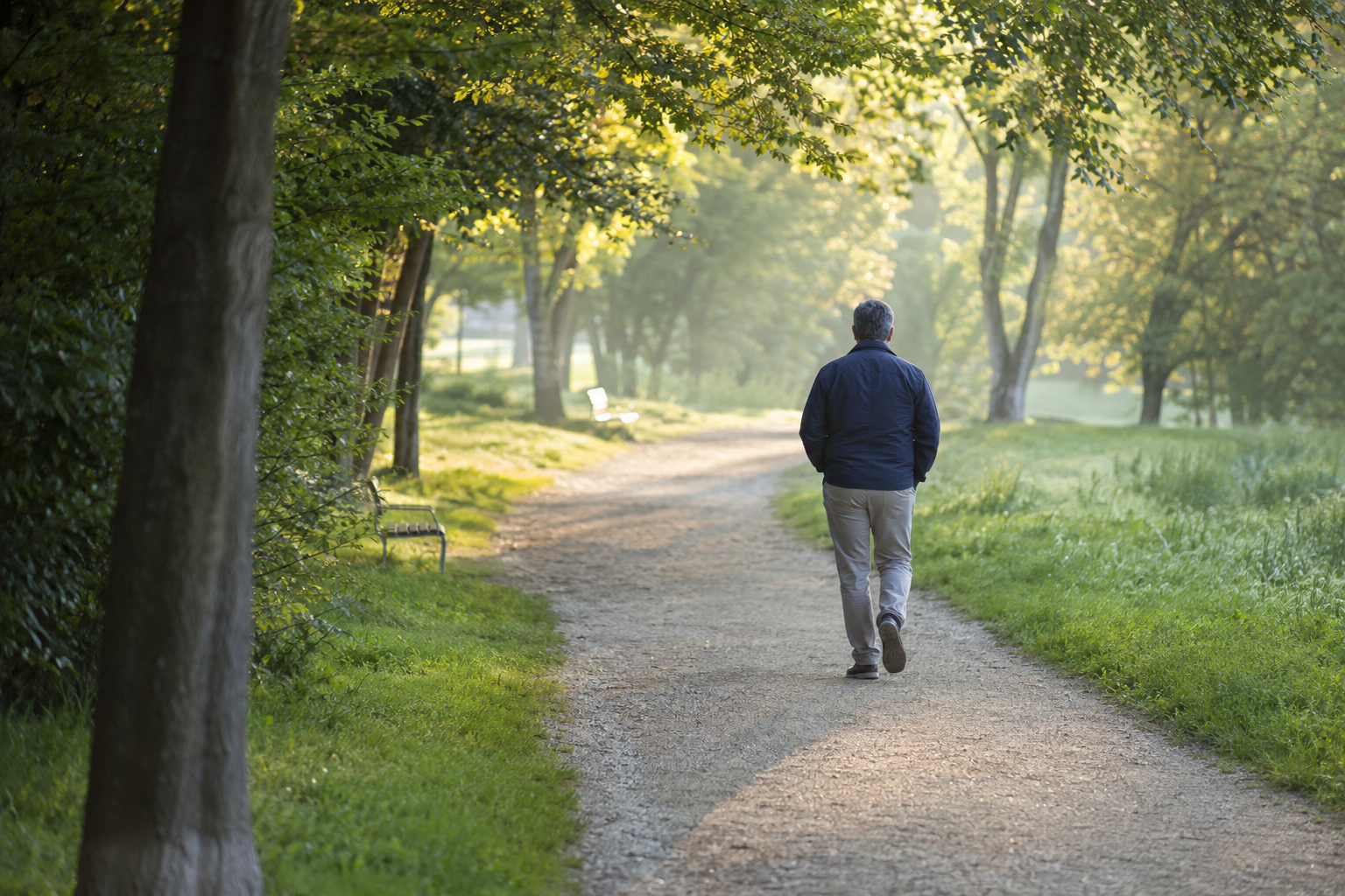 Ansia e stress: come riconoscerli e gestirli con 5 strategie quotidiane 3 Persona adulta che cammina lentamente in un parco al mattino per ritrovare calma e attenzione
