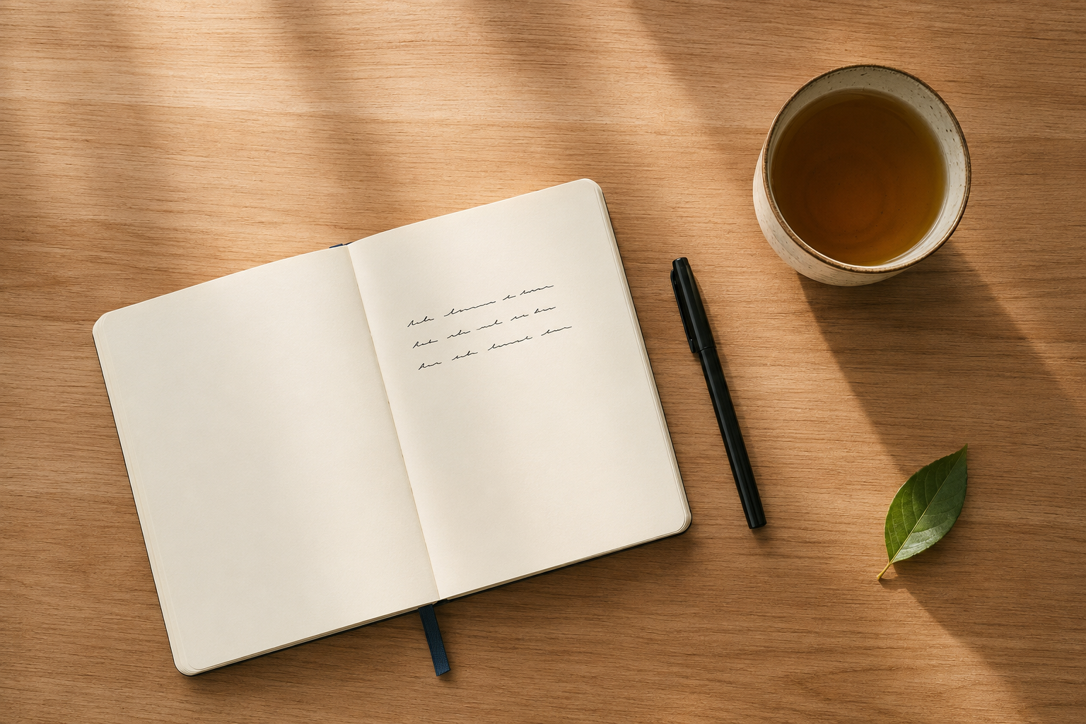 Ansia e stress: come riconoscerli e gestirli con 5 strategie quotidiane 4 Taccuino aperto con tre domande scritte accanto a una tazza e a una penna su un tavolo luminoso