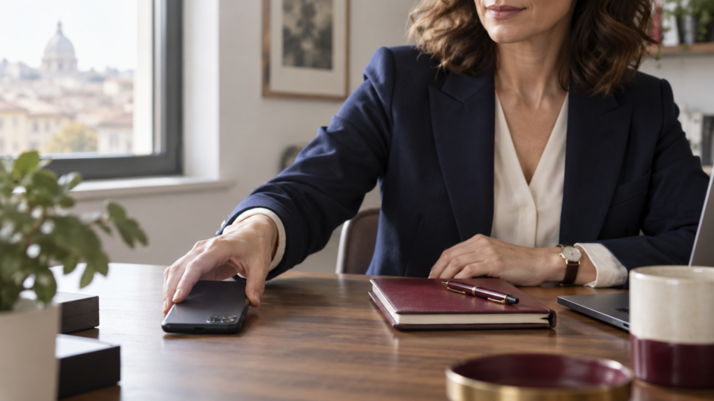 Autoipnosi: 4 passaggi per creare una pausa di centratura. 4 Smartphone appoggiato accanto a un taccuino per ritornare all'attenzione. autoipnosi